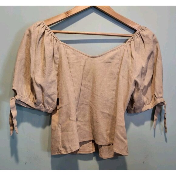 Express Beige Linen Blend Short Puff Sleeve Button Up Top Sz S Boho Cottagecore - Picture 3 of 5